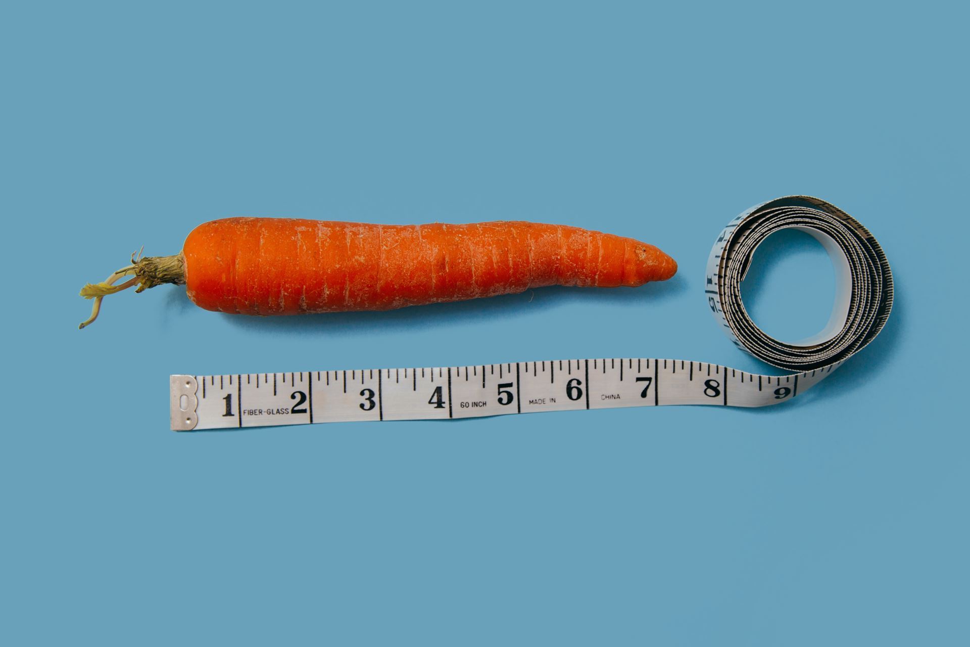 A tape measure lying next to a carrot. The carrot's length is unimportant.